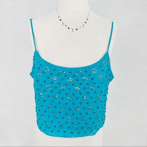 Victoria's Secret Tops - Victoria's Secret Turquoise Sheer Chiffon Sequin Beaded Cami Crop Top Size XL